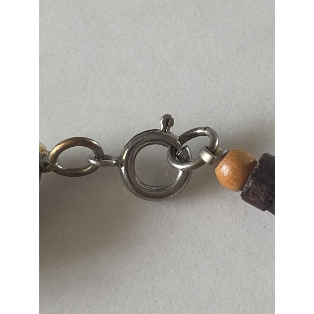 Vintage Chunky Wood Bead Necklace Hammered Brass LG Pendant Boho Statement 10" - Picture 6 of 7